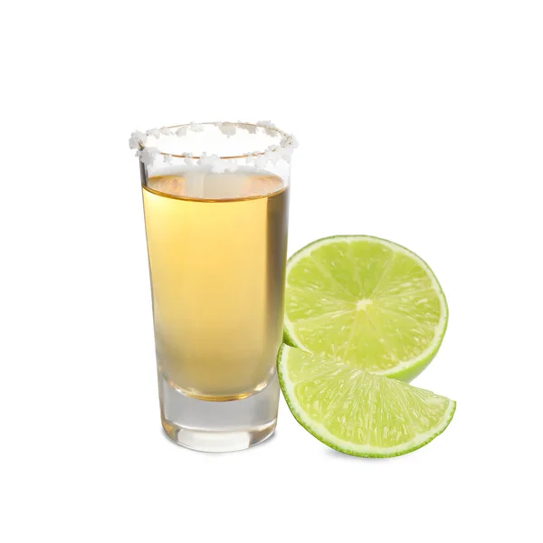 Mexikanischer Tequila Shot Mit Salz Und Limette Isoliert Auf Weiß — Stockfoto