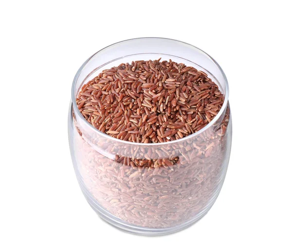 Kavanozdaki kahverengi pirinç beyaza izole edilmiş.