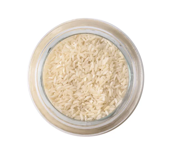 Uncooked Rice Glass Jar Isolated White Top View — Stock Photo, Image