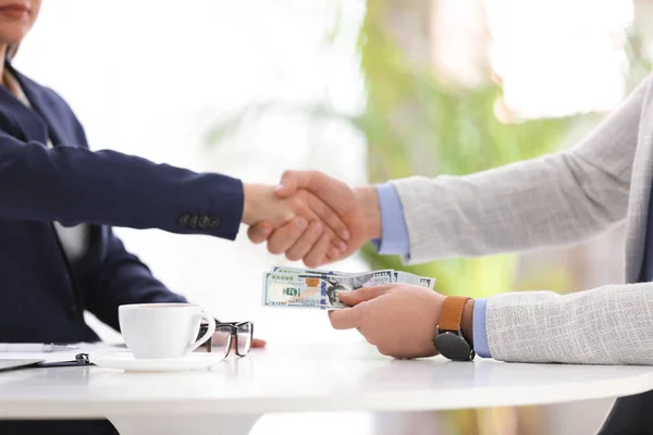 Man Shaking Hands Woman Offering Bribe Table Office — Stock Photo, Image