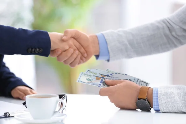 Man Shaking Hands Woman Offering Bribe Table Office — 스톡 사진