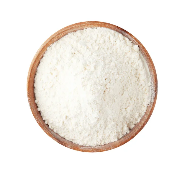 Organic flour in bowl isolated on white, top view — Stock Photo, Image