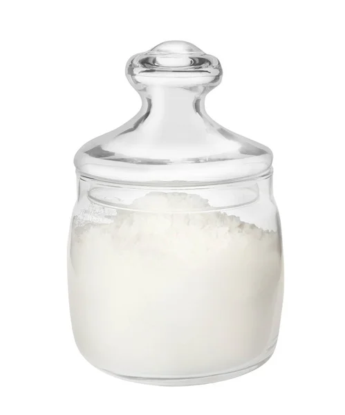 Szerves liszt üvegedényben, fehér alapon izolálva — Stock Fotó