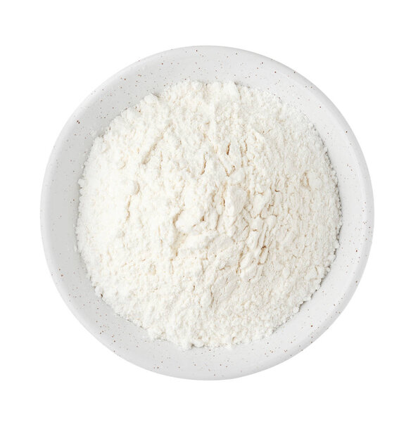 Organic flour in bowl isolated on white, top view