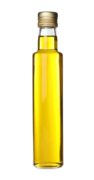 Cooking oil in glass bottle isolated on white Stock Photo