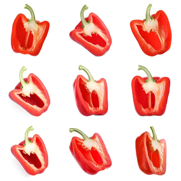 Set Cut Ripe Red Bell Peppers White Background — Stock Photo, Image