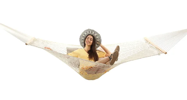 Woman Resting Hammock White Background — ストック写真