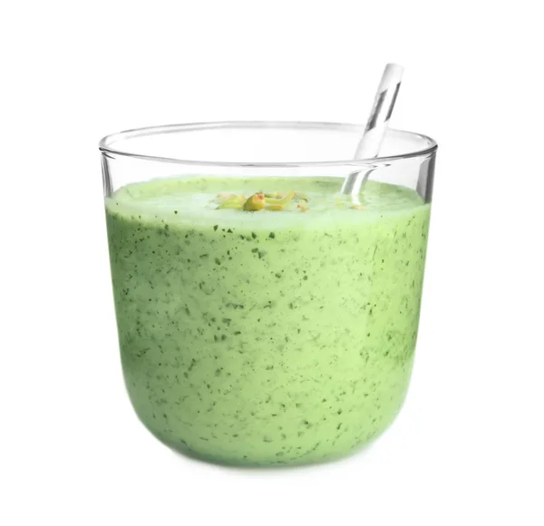 Glass of green buckwheat smoothie isolated on white — 스톡 사진