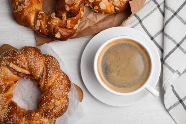 Delicious Pastries Coffee White Wooden Table Flat Lay — Stock Photo, Image