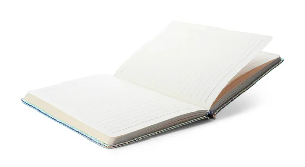 Stylowy Notatnik Otwarty Twardą Okładką Białym — Zdjęcie stockowe