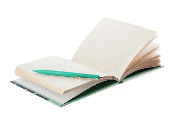 Κομψό Ανοιχτό Σημειωματάριο Και Στυλό Που Απομονώνονται Λευκό — Φωτογραφία Αρχείου