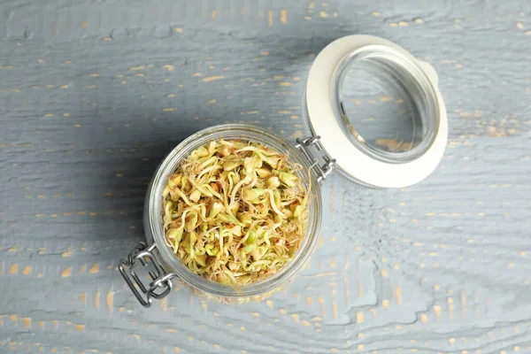 Glass Jar Sprouted Green Buckwheat Grey Wooden Table Top View — 스톡 사진