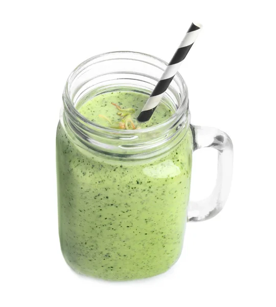 Mason jar with green buckwheat smoothie isolated on white — 스톡 사진