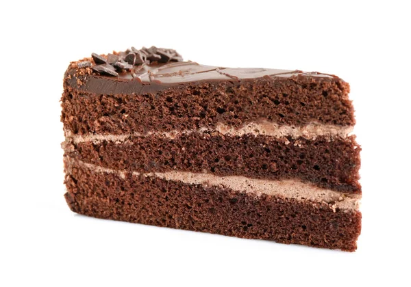 Stück Leckerer Schokoladenkuchen Isoliert Auf Weiß — Stockfoto