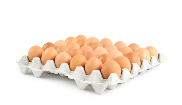 Сырые Куриные Яйца Картонном Лотке Изолированы Белом — стоковое фото