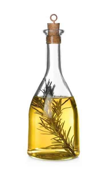 Cooking oil with rosemary in glass bottle isolated on white — Stock Photo, Image