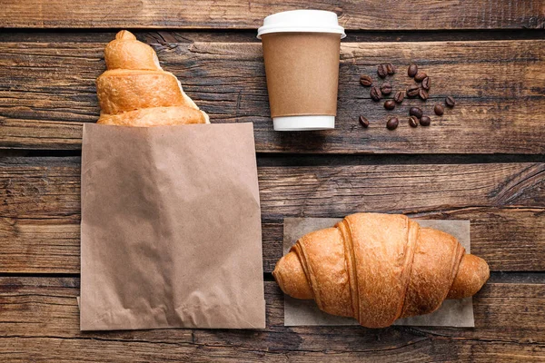 Tasty Croissants Coffee Wooden Table Flat Lay — 스톡 사진