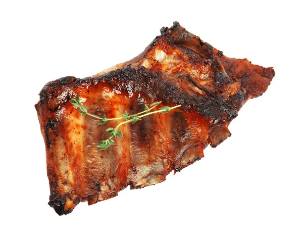 Tasty Grilled Ribs Thyme Isolated White Top View — 스톡 사진