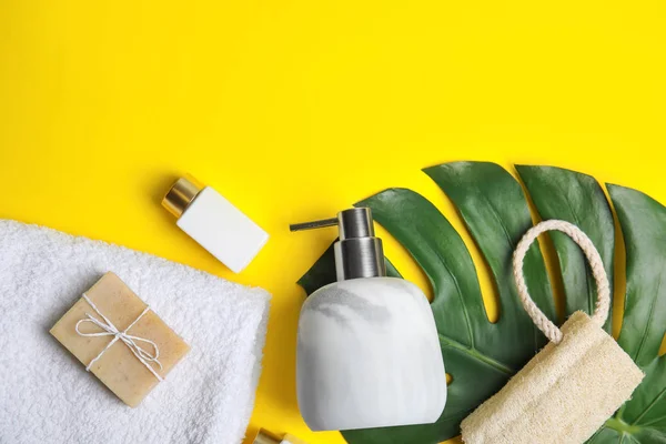 Flat Lay Composition Marble Soap Dispenser Yellow Background Space Text — Stock Photo, Image