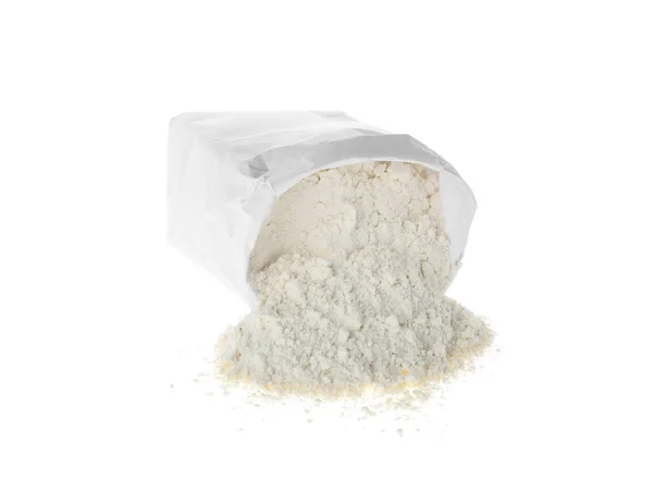 白地に小麦粉を孤立させたひっくり返した紙袋 — ストック写真
