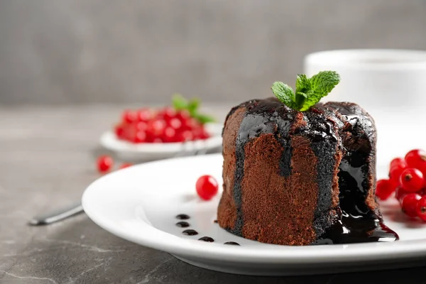 Delicious Warm Chocolate Lava Cake Mint Berries Marble Table Closeup — 스톡 사진