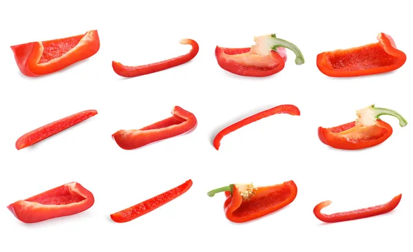 Set Cut Ripe Red Bell Peppers White Background — 스톡 사진