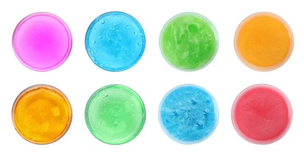 Set Different Colorful Slimes White Background Top View Antistress Toy — 스톡 사진