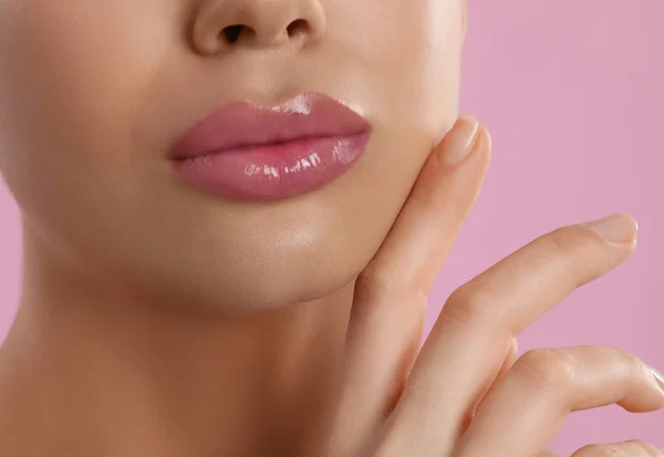 Young Woman Beautiful Full Lips Pink Background Closeup — 스톡 사진