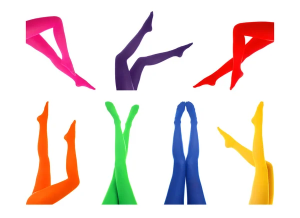Collage Women Wearing Different Colorful Tights White Background Closeup — 스톡 사진