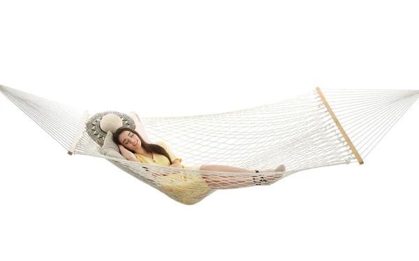 Woman Sleeping Hammock White Background — 스톡 사진