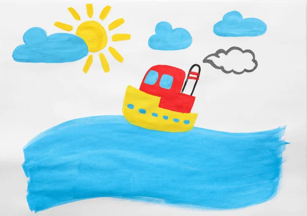 Pintura Infantil Barco Mar Sobre Papel Blanco —  Fotos de Stock
