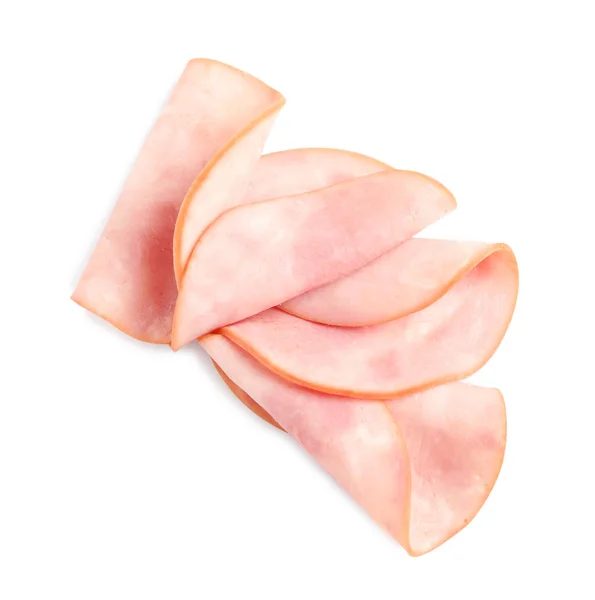 Slices of tasty fresh ham isolated on white, top view — 스톡 사진