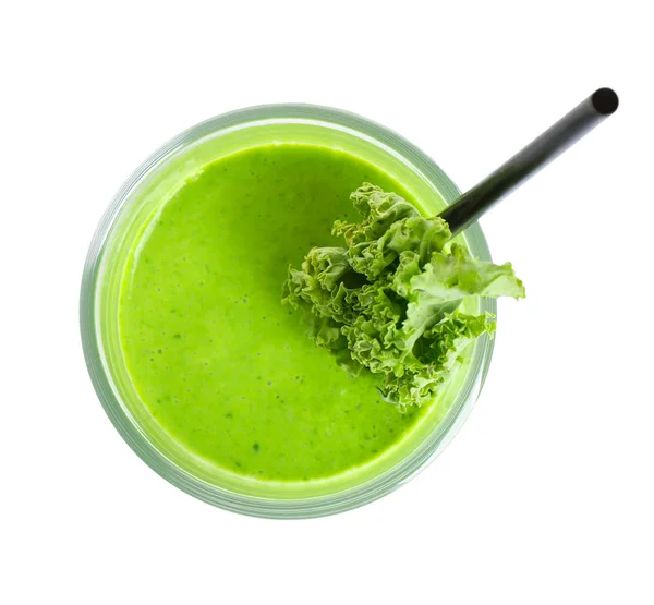 Tasty fresh kale smoothie on white background, top view — 스톡 사진