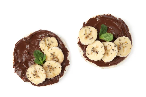 Puffed Rice Cakes Chocolate Spread Banana Mint Isolated White Top — 스톡 사진