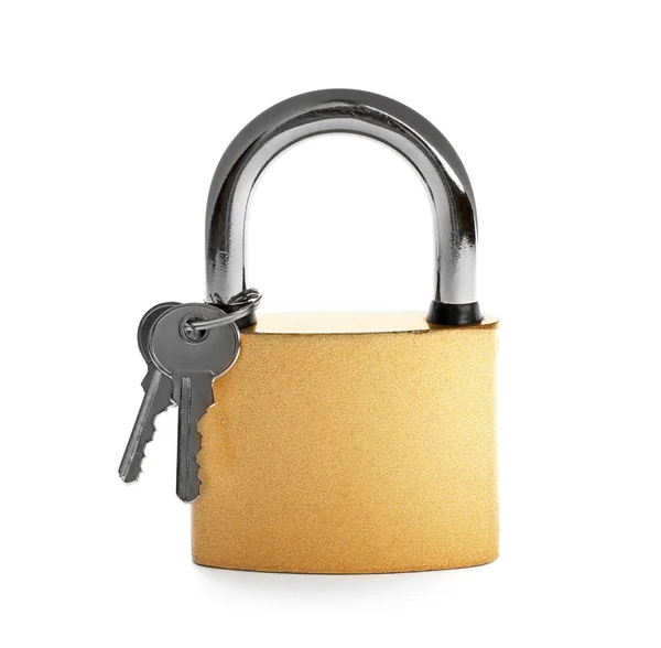 Steel Padlock Keys Isolated White Safety Concept — 스톡 사진