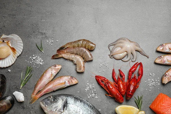 Свежая Рыба Морепродукты Сером Столе Плоский Уголок — стоковое фото