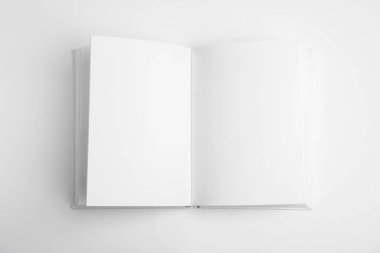 Open book with blank pages on white background, top view