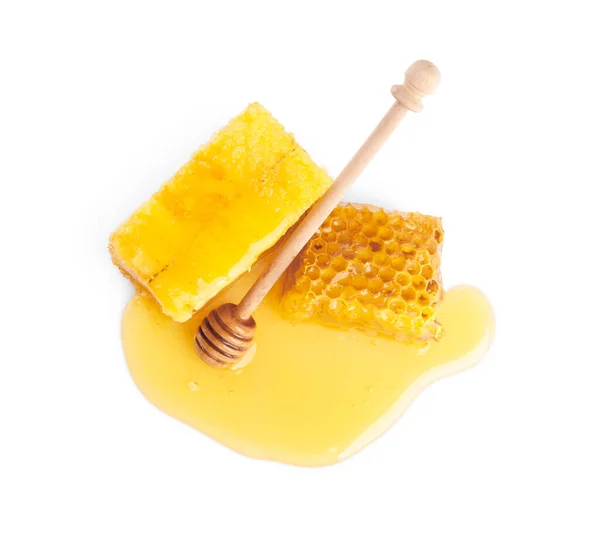 Fresh honeycombs and dipper isolated on white, top view — 스톡 사진
