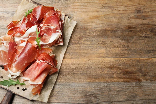 Pile Tasty Prosciutto Wooden Table Top View Space Text — Stock Photo, Image