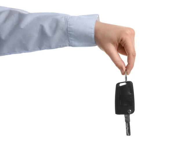 Hombre Sosteniendo Llave Sobre Fondo Blanco Primer Plano Compra Coches —  Fotos de Stock