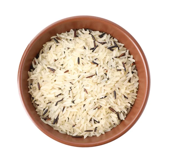 Mix Brown Polished Rice Wooden Bowl Isolated White Top View — Stock Photo, Image