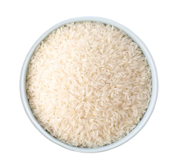 Uncooked Rice Bowl Isolated White Top View — Stock Photo, Image