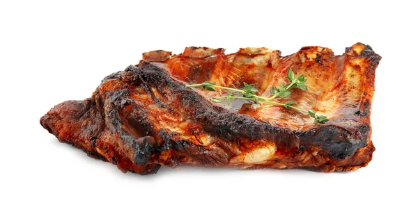 Tasty Grilled Ribs Thyme Isolated White — 스톡 사진