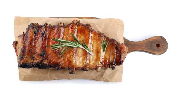 Tasty Grilled Ribs Rosemary Isolated White Top View — 스톡 사진