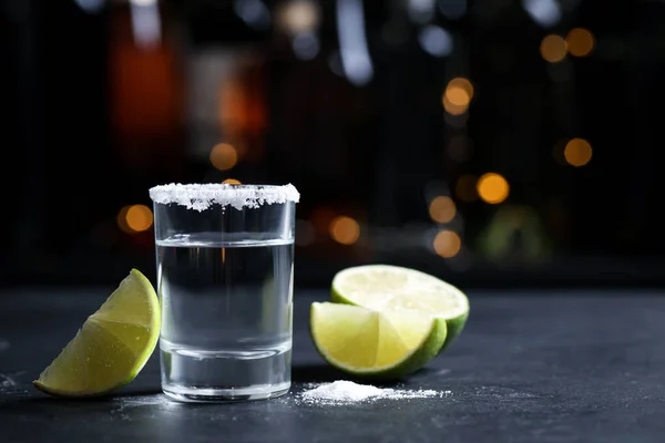 Mexican Tequila Shot Lime Slices Salt Bar Counter Space Text — Stock Photo, Image