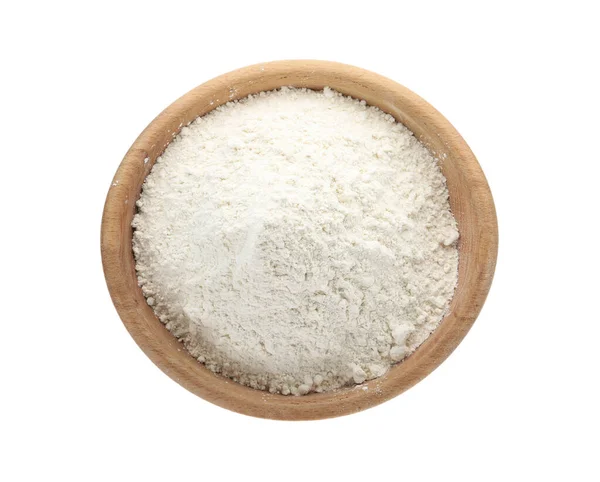 Făină organică în castron izolată pe alb, vedere de sus — Fotografie, imagine de stoc