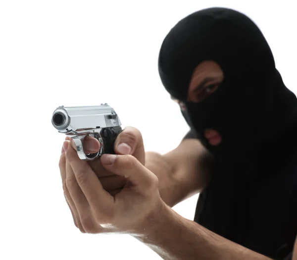 Professionell mördare med pistol på vit bakgrund — Stockfoto