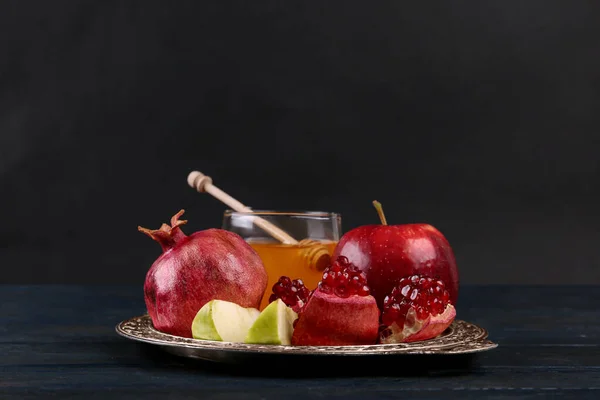 Honey Apples Pomegranate Dark Blue Wooden Table Rosh Hashanah Holiday — Stock Photo, Image