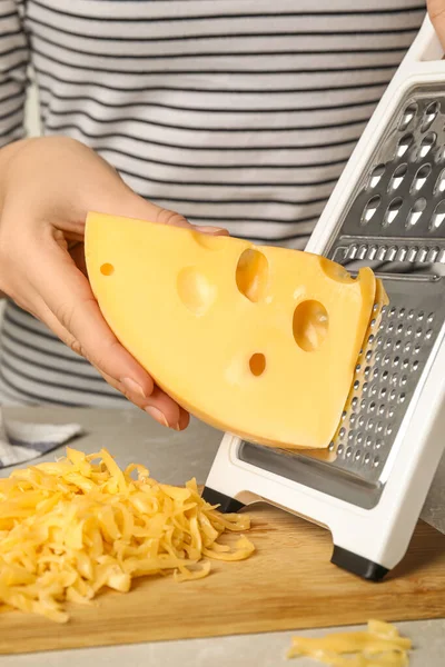 Woman Grating Fresh Cheese Table Closeup — Stock Photo, Image