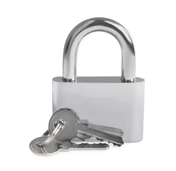 Steel Padlock Keys Isolated White Safety Concept — 스톡 사진